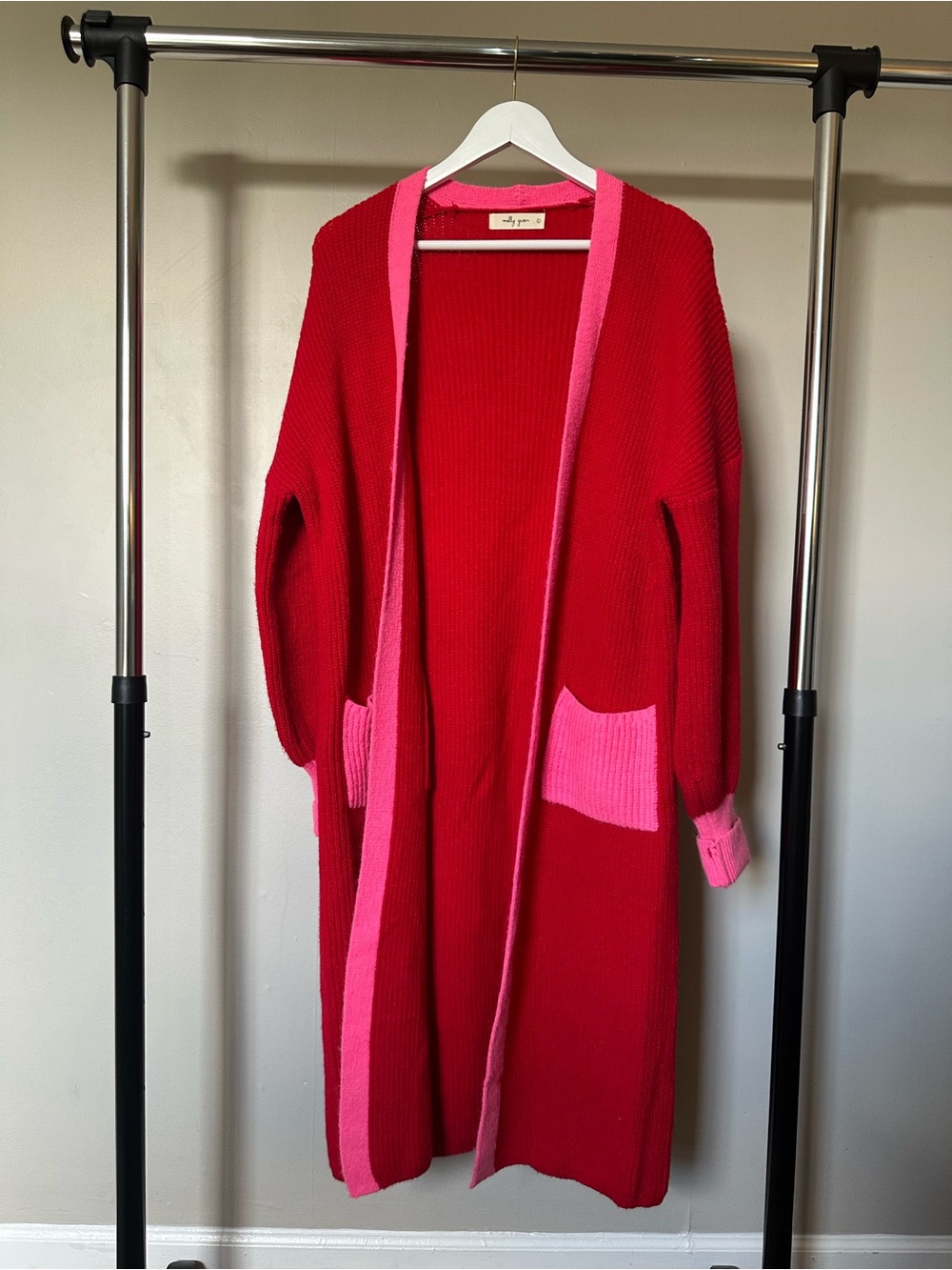 Long Open-Front Colorblock Cardigan in Red with Pink Trim
